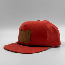 Load image into Gallery viewer, Olive green five-panel rope hat featuring a laser-cut and etched leather Oregon patch on a medium-profile snapback cap designed in Portland, Oregon