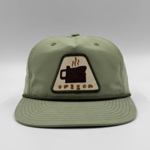 Load image into Gallery viewer, Oregon Coffee Cap five-panel camping hat with embroidered coffee mug patch and rope detail