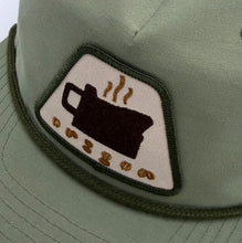 Load image into Gallery viewer, Oregon Coffee Cap five-panel camping hat with embroidered coffee mug patch and rope detail