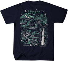 Load image into Gallery viewer, Oregon landmark graphic t-shirt featuring Mt. Hood, St. Johns Bridge, Haystack Rock, Multnomah Falls, beaver and marionberries on a navy blue tee. Pacific Northwest inspired Oregon souvenir shirt by Grafletics.