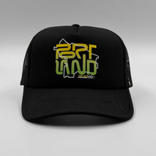 Load image into Gallery viewer, A black trucker cap with a graphic text 'PORTLAND' on the front.