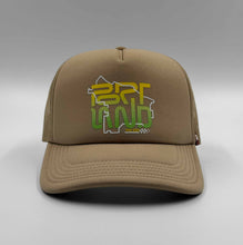 Load image into Gallery viewer, A khaki trucker cap with a graphic text 'PORTLAND' on the front.
