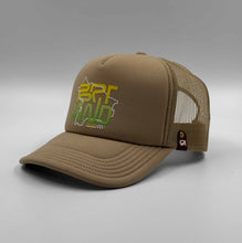Load image into Gallery viewer, A khaki trucker cap with a graphic text 'PORTLAND' on the front.
