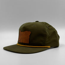 Load image into Gallery viewer, Olive green five-panel rope hat featuring a laser-cut and etched leather Oregon patch on a medium-profile snapback cap designed in Portland, Oregon
