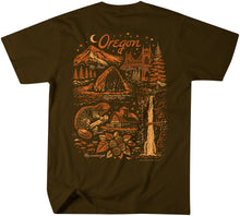 Load image into Gallery viewer, Oregon landmark graphic t-shirt featuring Mt. Hood, St. Johns Bridge, Haystack Rock, Multnomah Falls, beaver and marionberries on a brown tee. Pacific Northwest inspired Oregon souvenir shirt by Grafletics.
