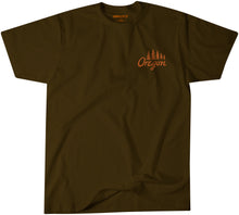 Load image into Gallery viewer, Oregon landmark graphic t-shirt featuring Mt. Hood, St. Johns Bridge, Haystack Rock, Multnomah Falls, beaver and marionberries on a brown tee. Pacific Northwest inspired Oregon souvenir shirt by Grafletics.
