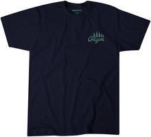 Load image into Gallery viewer, Oregon landmark graphic t-shirt featuring Mt. Hood, St. Johns Bridge, Haystack Rock, Multnomah Falls, beaver and marionberries on a navy blue tee. Pacific Northwest inspired Oregon souvenir shirt by Grafletics.
