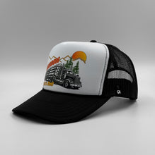 Load image into Gallery viewer, Oregon Trucker hat with logging truck and mountain design on a white and black cap

