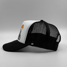 Load image into Gallery viewer, Oregon Trucker hat with logging truck and mountain design on a white and black cap
