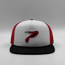 Load image into Gallery viewer, Breathable summer trucker cap featuring a shoelace-inspired “P” logo with PDX aglet detail. White foam front with red mesh sides, black bill, and custom raised silicone microfiber patch inspired by Portland sneaker culture.
