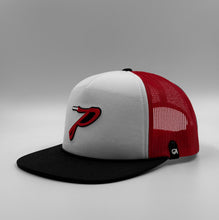Load image into Gallery viewer, Breathable summer trucker cap featuring a shoelace-inspired “P” logo with PDX aglet detail. White foam front with red mesh sides, black bill, and custom raised silicone microfiber patch inspired by Portland sneaker culture.
