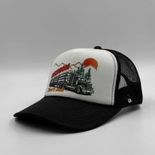 Load image into Gallery viewer, Oregon Trucker hat with logging truck and mountain design on a white and black cap
