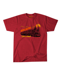 Load image into Gallery viewer, Youth Oregon Truckin’ Tee featuring a custom logging truck graphic with Oregon lettering, pine trees, mountains, and sunset on a heather red youth t-shirt designed by Grafletics®.
