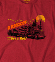 Load image into Gallery viewer, Youth Oregon Truckin’ Tee featuring a custom logging truck graphic with Oregon lettering, pine trees, mountains, and sunset on a heather red youth t-shirt designed by Grafletics®.
